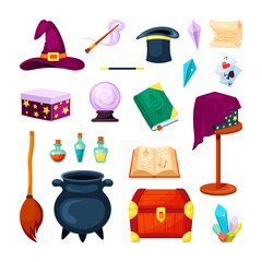 Magic wizard items set. Potion auldron magic wand scroll book with spells broom flying chest cards multicolored energy crystals witchs hat bottles prepared liquid ball predictions. Cartoon vector.