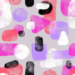 Sticker - Seamless repeating pattern Watercolor shapes collage. Pink, white, purple, and black on gray hand drawn geometric shapes background. Use for kids decor, fabric, packaging