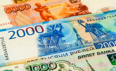 Russian paper money, one thousand rubles, two thousand rubles, five thousand rubles