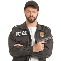 Wall Mural - Handsome policeman with gun on white background