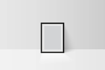 Wall Mural - Realistic vector tree-dimension empty blank black simple frame mockup template isolated on light background. Picture or photo framing mat with wide border shadow. Gallery, home design interior.