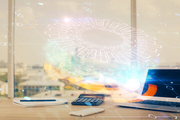 double exposure of desktop computer and technology theme hologram. concept of software development.