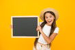 Good news. cheerful little girl with blackboard. happy childrens day. summer camp adventure. ready for fun. childhood happiness. best vacation. welcome summer. summer holiday here. copy space
