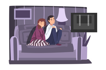 Sticker - Upset Family Couple Sitting on Couch and Watching TV, Young Man and Woman Spending Time Together at Home Vector Illustration