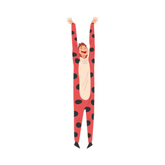 Sticker - Young Cheerful Woman Wearing Spotted Costume Singing Along and Dancing at Concert Vector Illustration