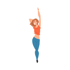 Sticker - Young Cheerful Woman Singing Along and Dancing at Concert Vector Illustration