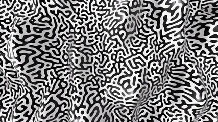 Wall Mural - Black and white reaction-diffusion pattern background. Abstract liquid background 3D animation. 4k seamless loop.