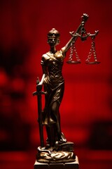 Wall Mural - Vertical shot of lady justice bronze statue isolated on a red background