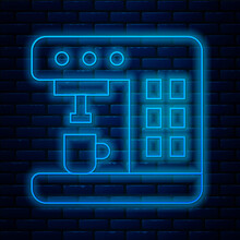 Glowing Neon Line Coffee Machine Icon Isolated On Brick Wall Background. Vector Illustration.