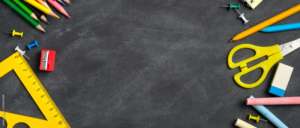 Back to school banner template. Frame of school supplies on black board ...
