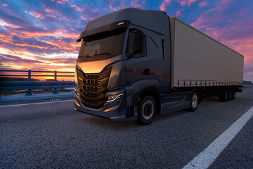 Wall Mural - modern truck on the road at sunset