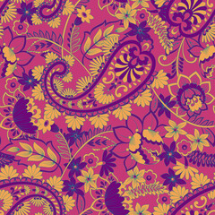  Paisley vector seamless pattern. Fantastic flower, leaves. Textile bohemian print. Batik painting. Vintage