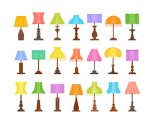 Vintage Table Lamps With Different Types Of Shades & Bases. Flat Icon Set Of Desk Light Fixtures. Home Antique Lighting. Vector Illustration