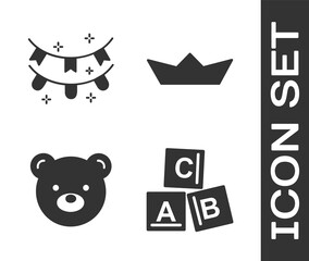 Sticker - Set ABC blocks, Carnival garland with flags, Teddy bear plush toy and Folded paper boat icon. Vector.