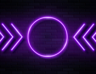 Wall Mural - Futuristic Sci Fi Modern Neon Violet Glowing Arrows Frame for Banner on Dark Empty Grunge Concrete Brick Background.