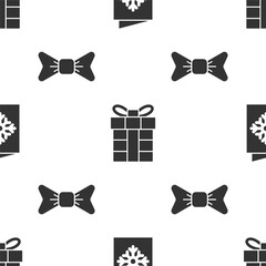 Sticker - Set Christmas postcard, Gift box and Bow tie on seamless pattern. Vector.