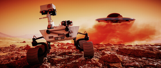 Wall Mural - an unidentified flying object lands behind a mars rover (3d rendering)