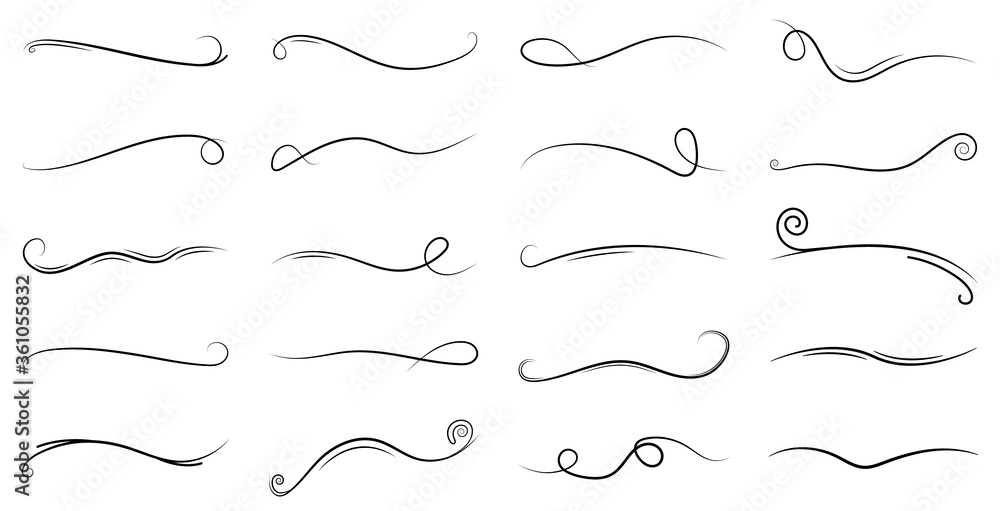 Swirl line. Elements of calligraphy. Vintage ornament with dividers and swashes. Ornate decorative set of doodles for wedding frame. Curly swish for design. Border for text, scroll and banner. Vector - obrazy, fototapety, plakaty 