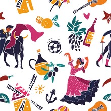 Seamless Pattern With Symbols Of Spain For Wallpaper, Print, Poster, Wrapping Paper And Background For The Site. Vector Cute Cartoon Illustration