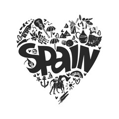 Wall Mural - Black and white heart emblem with the symbols of Spain and text Spain in the center written by hand. Tourist logo for guides to Spain in cartoon style. Vector illustration