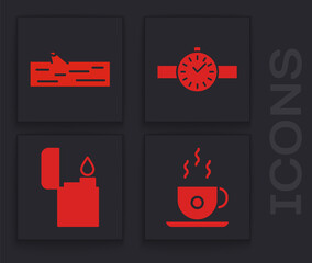 Canvas Print - Set Coffee cup, Wooden log, Wrist watch and Lighter icon. Vector.