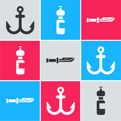 Canvas Print - Set Anchor, Bottle of water and Camping knife icon. Vector.