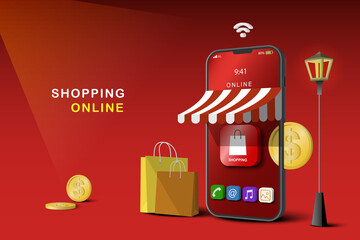 Shopping Online on Mobile Application Vector Concept Marketing and Digital marketing. Shop and store on smartphone with red Background.