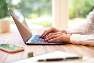 Close-up shot of businesswoman's hand while working on laptop