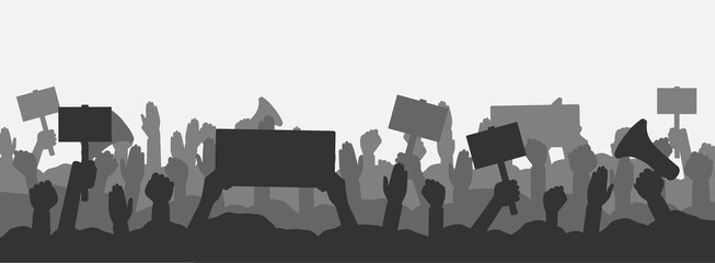 Crowd of people protesters. Silhouettes of protesting people with banners, megaphones and raised up hands and fist. Concept of fight for your rights, revolution or protest. Vector illustration.