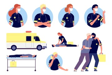 Sticker - Emergency help. Paramedics characters, first aid and saving people. Medical team working, ambulance and doctors avatars. Hospital staff vector illustration. Emergency doctor help, medical service