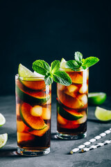 Wall Mural - Rum and Cola Cuba Libre ice cold drink cocktail with lime and mint