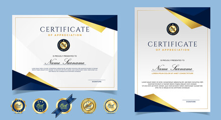 certificate of appreciation template, gold and blue color. clean modern certificate with gold badge.