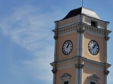 St. Petersburg Russia, June 19, 2020: Clock On The Station Tower On A Background Of Blue Sky. Editorial.