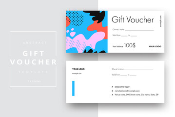 Sticker - Abstract gift voucher card template. Modern discount coupon or certificate layout with geometric shape pattern. Vector fashion bright background design with information sample text.