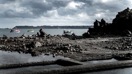 Sticker - Landscape of a dried port with some ships and boats in Bretagne, France