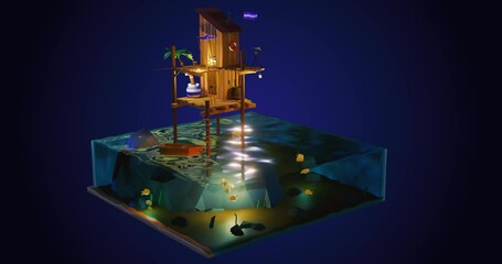 Wall Mural - 3d Cartoon wooden sea shack night scene on the sea, with flag and wood boat. transparent sea-trough view, can see fish in the sea