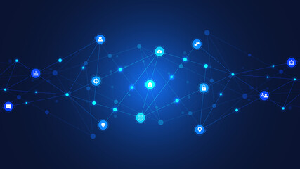 Wall Mural - Information technology background with infographic elements and flat icons. Digital technology, network connection and communication concept. Vector illustration.