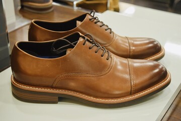 Sticker - Pair of men's brown shoe with rounded toe with thin laces