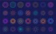 Abstract burst pattern fireworks set. Flat colorful star shaped firework geometric pattern collection isolated on blue background. Carnival celebration explosion, birthday party festive decoration,