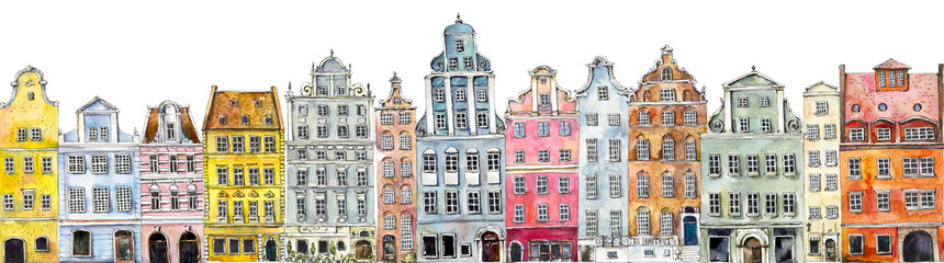 Multi-colored retro and vintage old-fashioned houses. Amsterdam. Watercolor hand drawing illustration