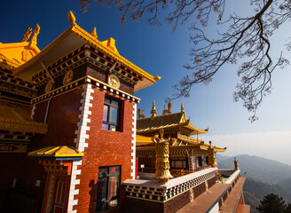 Bright colorful Buddhist temple with yellow roof and old tree in Himalaya mountains on clear blue sky background. Traditional buddhist architecture. Pagoda in the mountains. Buddhist monastery. 