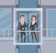 © ONYXprj - Elevator talk. Businessmen dialogue in elevator business conversation vector cartoon character. Businessman in lift conversation, people in elevator talk illustration