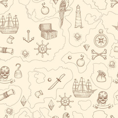 Poster - Pirate map seamless. Nautical vintage detailed adventure map with treasures and sea objects ships weapons creatures. Vector pattern. Sea adventure, pirate treasure in ocean island illustration