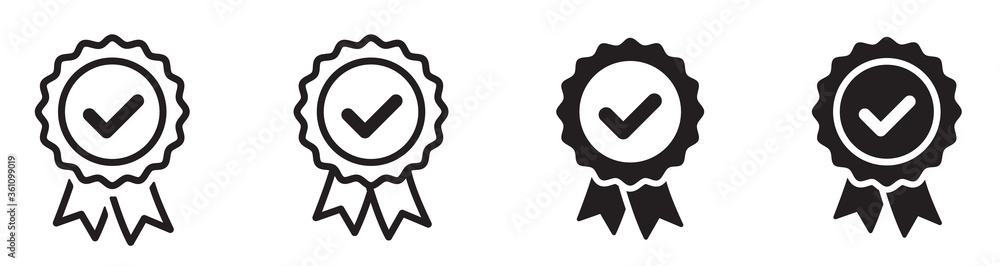 Approved or certified medal icon. Certified badge. Approval check symbol collection - stock vector. - obrazy, fototapety, plakaty 