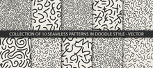 Collection Of 10 Seamless Trendy Fashion Abstract Backgrounds In Doodle Style. Vector Creative Patterns