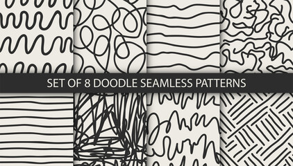 Sticker - Set of 8 black and white seamless scribble hand drawn textures. Vector doodle illustrations for your design.