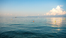 Beautiful Seascape With Ship On The Horizon At Greece Island Corfu.
