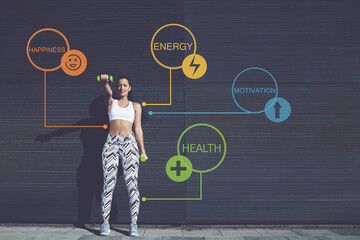 Full length portrait of athletic young woman lifting weights standing with arms tense against black wall outdoors, female working out training bicep. Infographics elements with sport health benefits