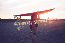 Young Woman With Long Hair And Sexy Figure Holding Surfboard Above Her Head Standing On Beach At Sunset, Female Surfer In Bikini Goes Enjoying Summer Vacations Holidays. Infographics