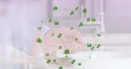 Wall Mural - digital composite video of web of connections with icons forming a globe against man using smartphon
